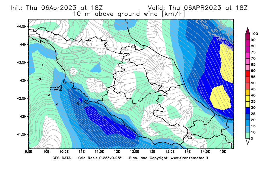 Mappa di analisi GFS - Velocità del vento a 10 metri dal suolo [km/h] in Centro-Italia
							del 06/04/2023 18 <!--googleoff: index-->UTC<!--googleon: index-->