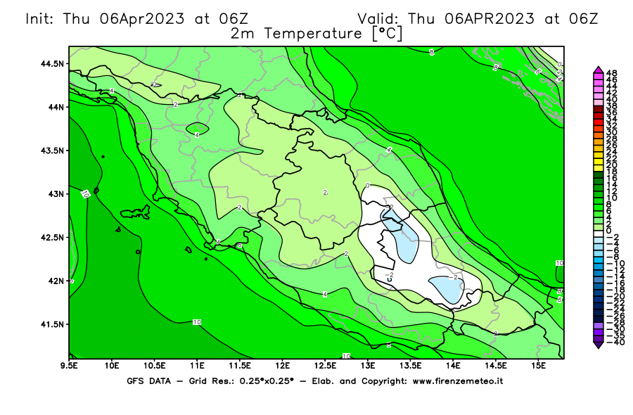 Mappa di analisi GFS - Temperatura a 2 metri dal suolo [°C] in Centro-Italia
							del 06/04/2023 06 <!--googleoff: index-->UTC<!--googleon: index-->