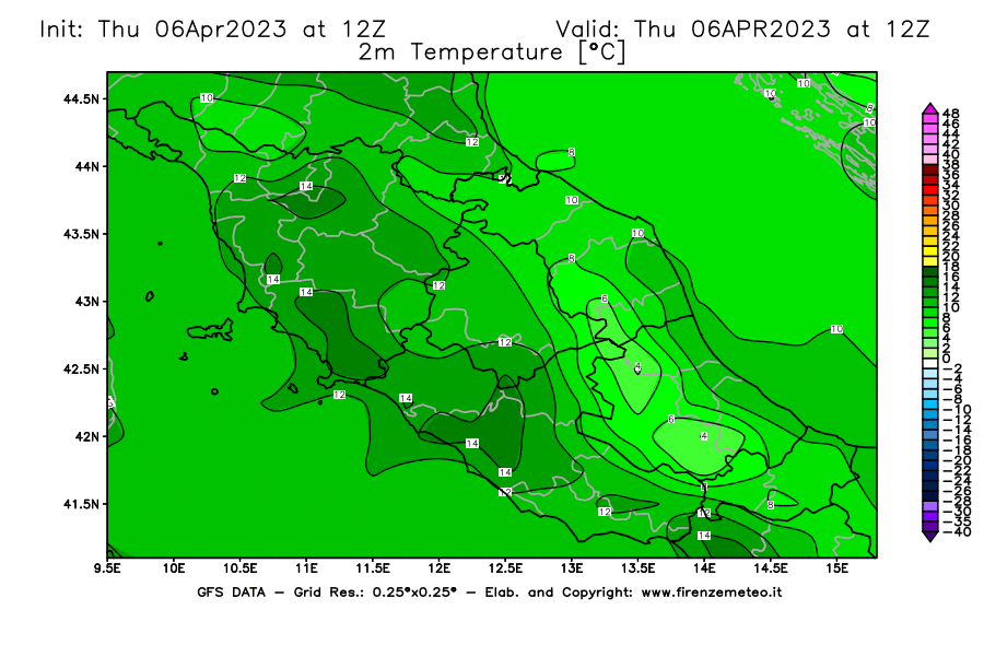Mappa di analisi GFS - Temperatura a 2 metri dal suolo [°C] in Centro-Italia
							del 06/04/2023 12 <!--googleoff: index-->UTC<!--googleon: index-->