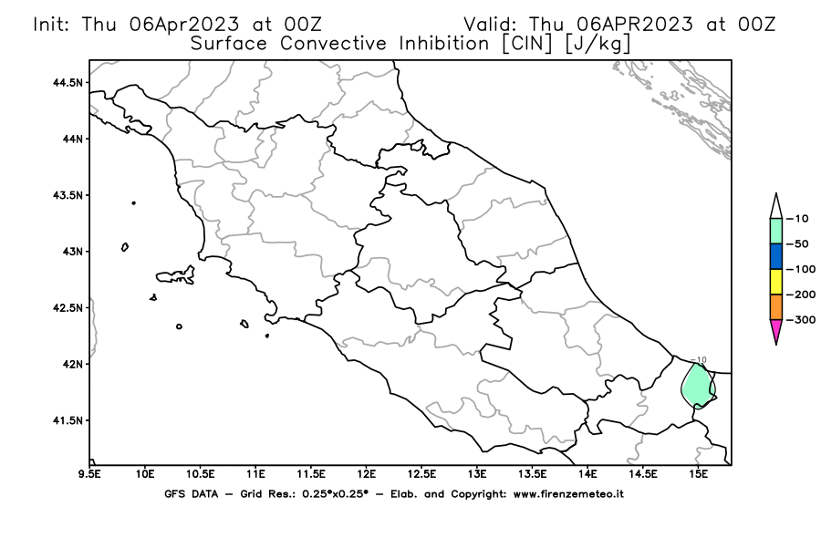 Mappa di analisi GFS - CIN [J/kg] in Centro-Italia
							del 06/04/2023 00 <!--googleoff: index-->UTC<!--googleon: index-->