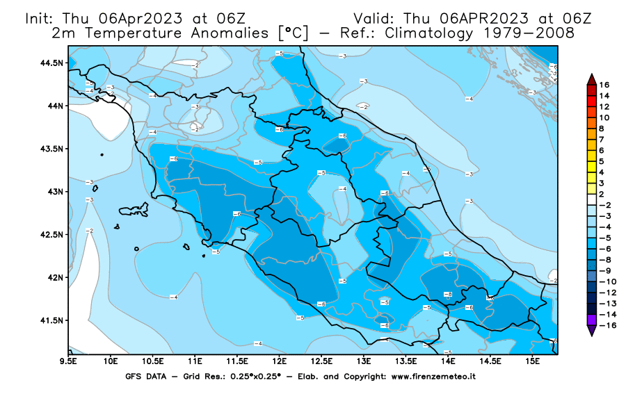Mappa di analisi GFS - Anomalia Temperatura [°C] a 2 m in Centro-Italia
							del 06/04/2023 06 <!--googleoff: index-->UTC<!--googleon: index-->