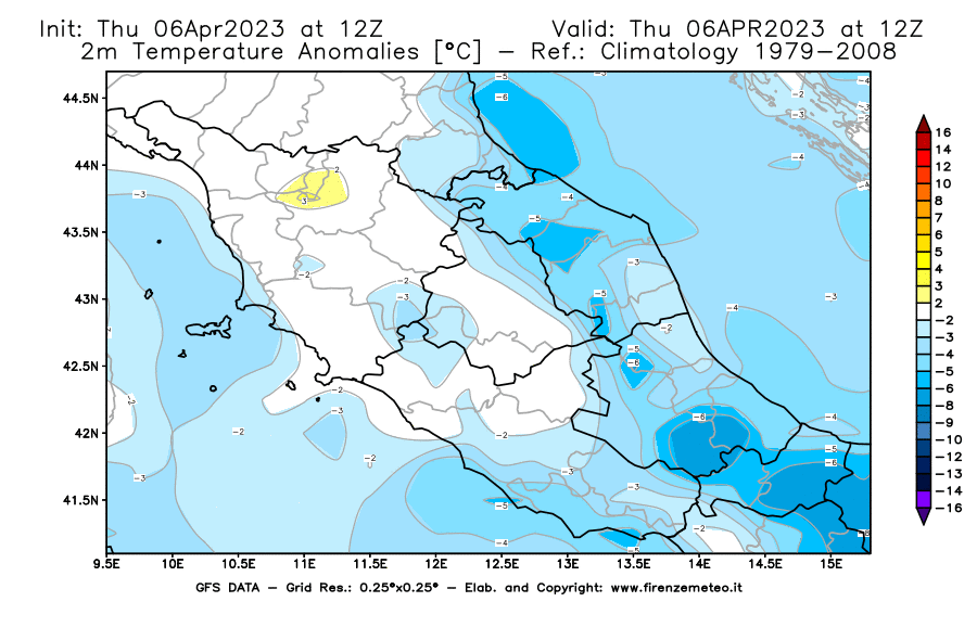Mappa di analisi GFS - Anomalia Temperatura [°C] a 2 m in Centro-Italia
							del 06/04/2023 12 <!--googleoff: index-->UTC<!--googleon: index-->