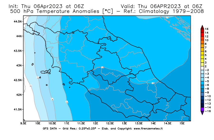 Mappa di analisi GFS - Anomalia Temperatura [°C] a 500 hPa in Centro-Italia
							del 06/04/2023 06 <!--googleoff: index-->UTC<!--googleon: index-->