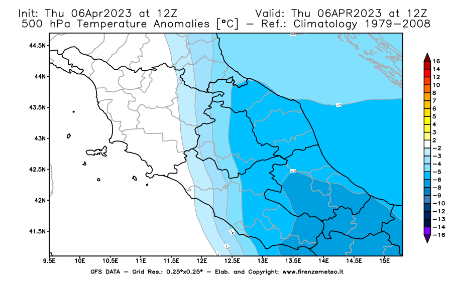 Mappa di analisi GFS - Anomalia Temperatura [°C] a 500 hPa in Centro-Italia
							del 06/04/2023 12 <!--googleoff: index-->UTC<!--googleon: index-->