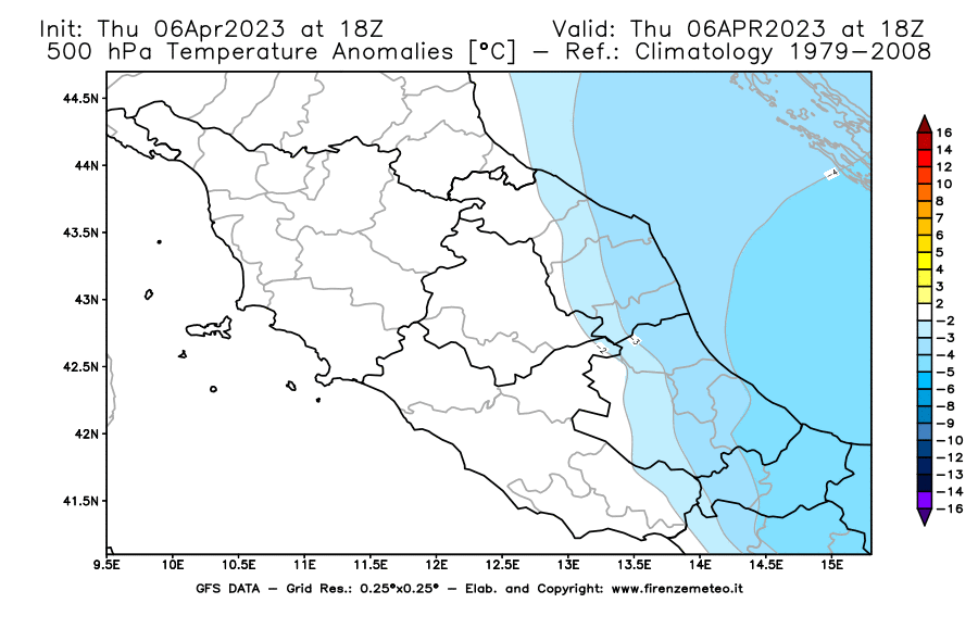 Mappa di analisi GFS - Anomalia Temperatura [°C] a 500 hPa in Centro-Italia
							del 06/04/2023 18 <!--googleoff: index-->UTC<!--googleon: index-->