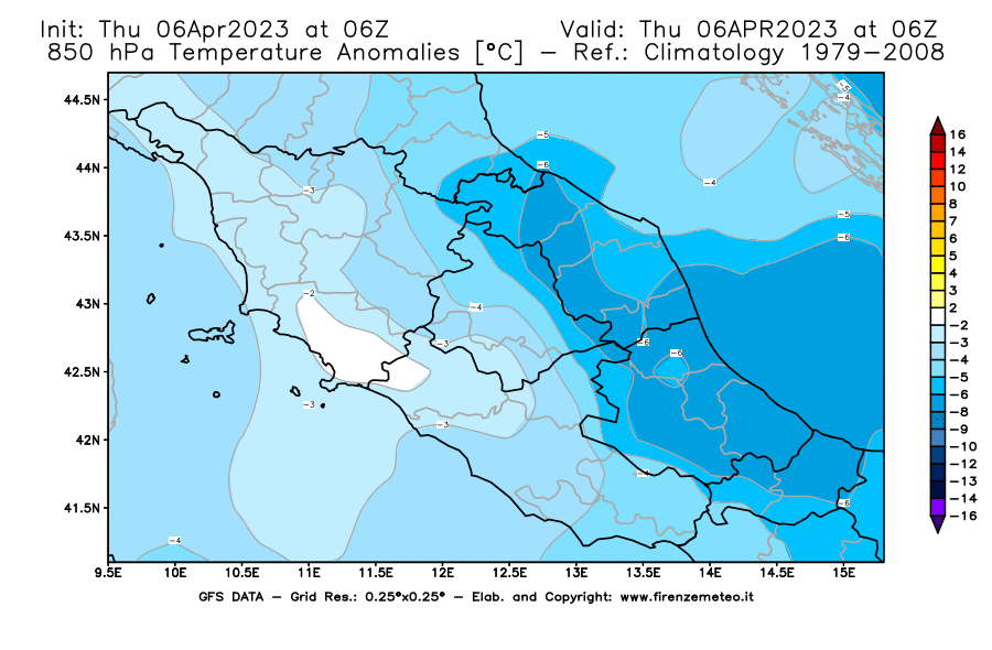 Mappa di analisi GFS - Anomalia Temperatura [°C] a 850 hPa in Centro-Italia
							del 06/04/2023 06 <!--googleoff: index-->UTC<!--googleon: index-->