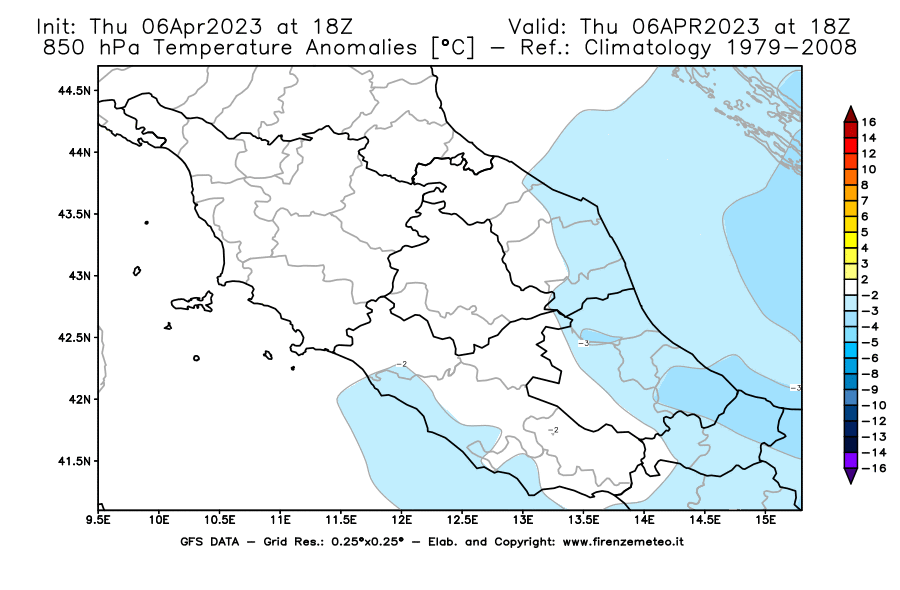 Mappa di analisi GFS - Anomalia Temperatura [°C] a 850 hPa in Centro-Italia
							del 06/04/2023 18 <!--googleoff: index-->UTC<!--googleon: index-->