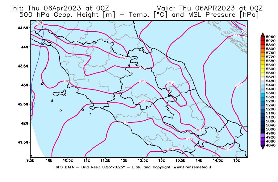 Mappa di analisi GFS - Geopotenziale [m] + Temp. [°C] a 500 hPa + Press. a livello del mare [hPa] in Centro-Italia
							del 06/04/2023 00 <!--googleoff: index-->UTC<!--googleon: index-->