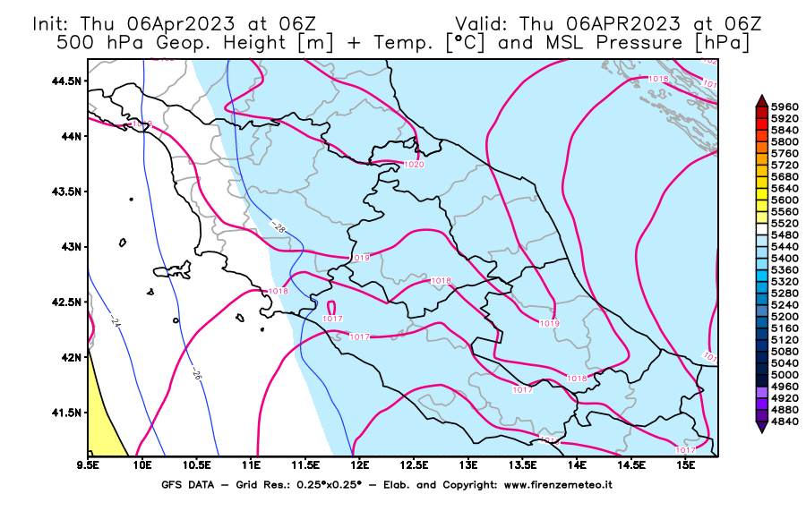 Mappa di analisi GFS - Geopotenziale [m] + Temp. [°C] a 500 hPa + Press. a livello del mare [hPa] in Centro-Italia
							del 06/04/2023 06 <!--googleoff: index-->UTC<!--googleon: index-->