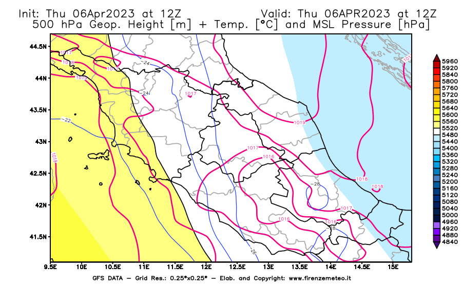 Mappa di analisi GFS - Geopotenziale [m] + Temp. [°C] a 500 hPa + Press. a livello del mare [hPa] in Centro-Italia
							del 06/04/2023 12 <!--googleoff: index-->UTC<!--googleon: index-->