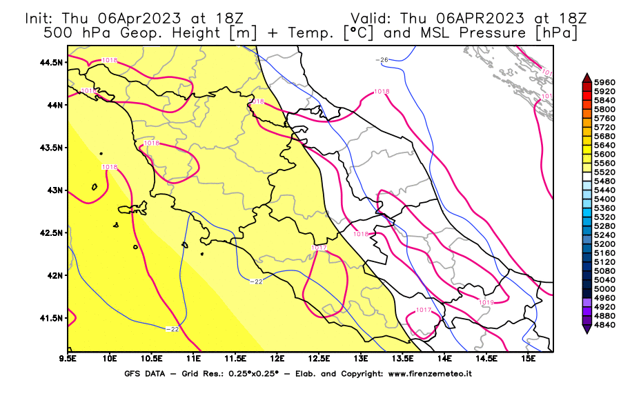 Mappa di analisi GFS - Geopotenziale [m] + Temp. [°C] a 500 hPa + Press. a livello del mare [hPa] in Centro-Italia
							del 06/04/2023 18 <!--googleoff: index-->UTC<!--googleon: index-->