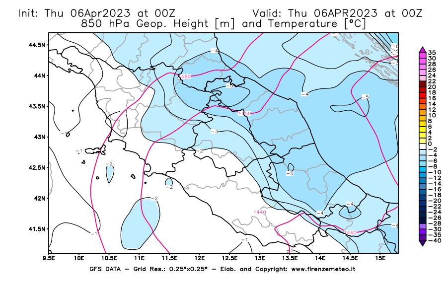 Mappa di analisi GFS - Geopotenziale [m] e Temperatura [°C] a 850 hPa in Centro-Italia
							del 06/04/2023 00 <!--googleoff: index-->UTC<!--googleon: index-->