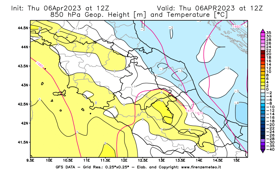Mappa di analisi GFS - Geopotenziale [m] e Temperatura [°C] a 850 hPa in Centro-Italia
							del 06/04/2023 12 <!--googleoff: index-->UTC<!--googleon: index-->