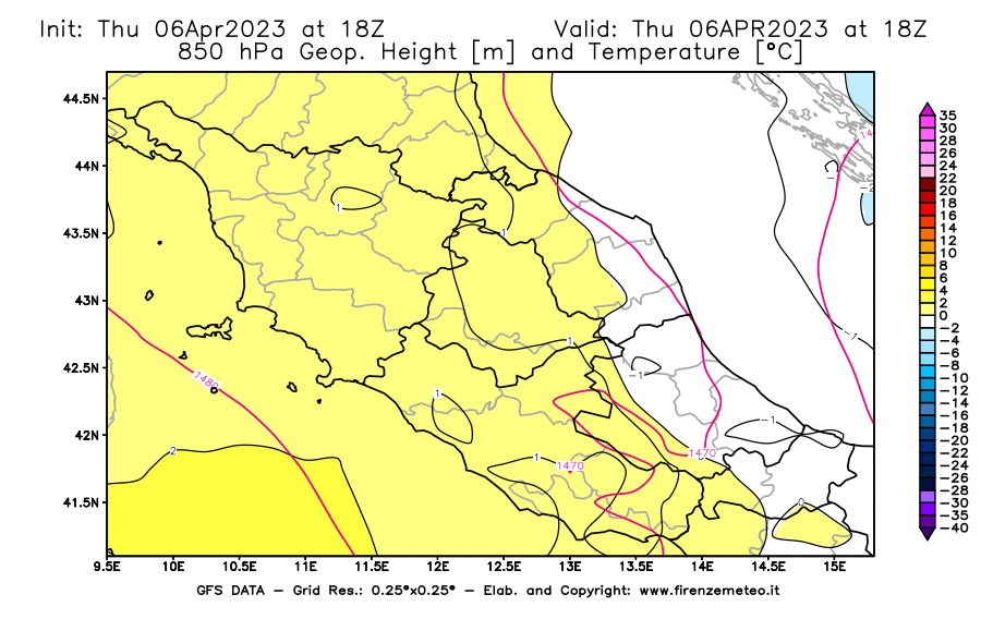 Mappa di analisi GFS - Geopotenziale [m] e Temperatura [°C] a 850 hPa in Centro-Italia
							del 06/04/2023 18 <!--googleoff: index-->UTC<!--googleon: index-->