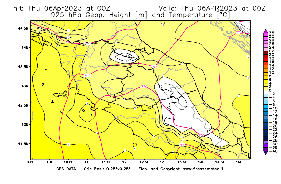 Mappa di analisi GFS - Geopotenziale [m] e Temperatura [°C] a 925 hPa in Centro-Italia
							del 06/04/2023 00 <!--googleoff: index-->UTC<!--googleon: index-->