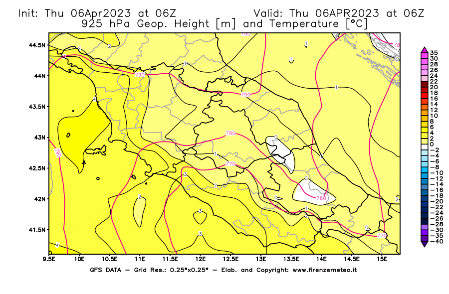 Mappa di analisi GFS - Geopotenziale [m] e Temperatura [°C] a 925 hPa in Centro-Italia
							del 06/04/2023 06 <!--googleoff: index-->UTC<!--googleon: index-->