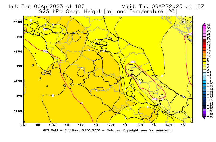 Mappa di analisi GFS - Geopotenziale [m] e Temperatura [°C] a 925 hPa in Centro-Italia
							del 06/04/2023 18 <!--googleoff: index-->UTC<!--googleon: index-->