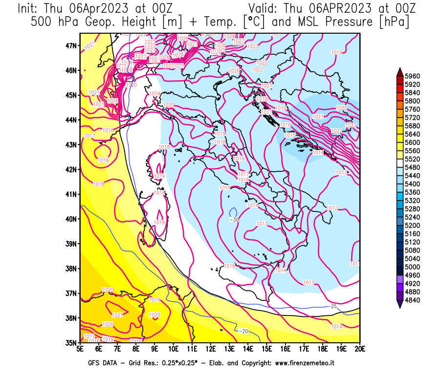 Mappa di analisi GFS - Geopotenziale [m] + Temp. [°C] a 500 hPa + Press. a livello del mare [hPa] in Italia
							del 06/04/2023 00 <!--googleoff: index-->UTC<!--googleon: index-->