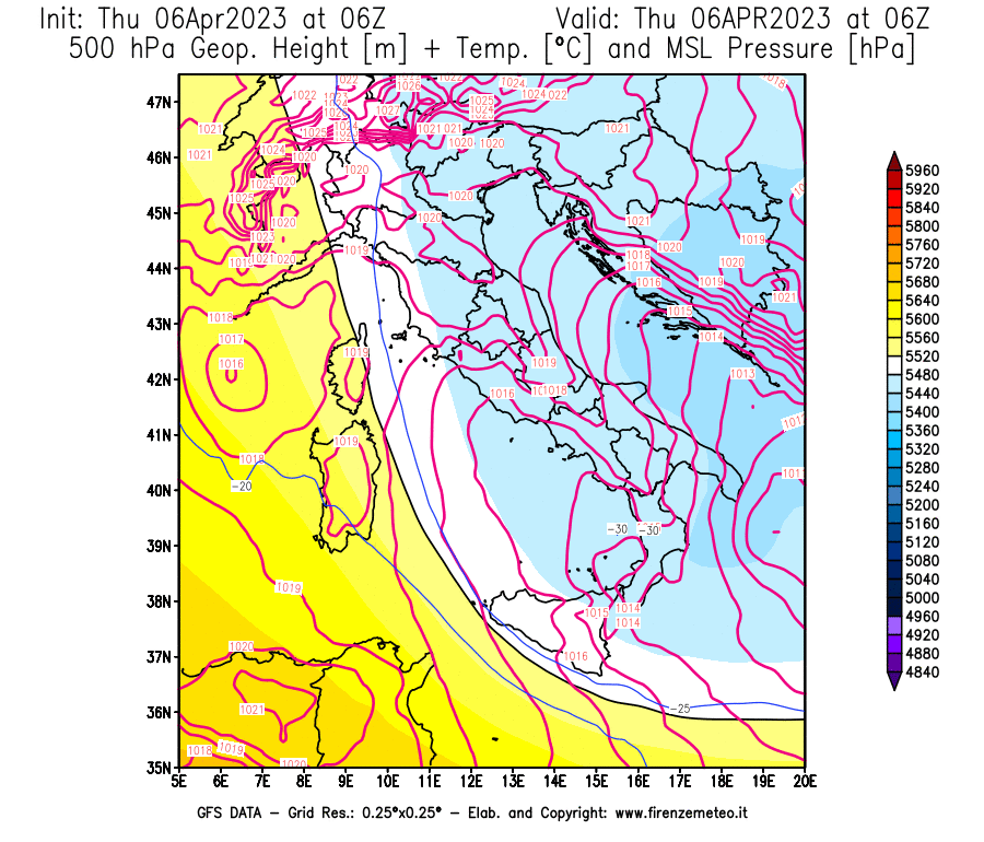 Mappa di analisi GFS - Geopotenziale [m] + Temp. [°C] a 500 hPa + Press. a livello del mare [hPa] in Italia
							del 06/04/2023 06 <!--googleoff: index-->UTC<!--googleon: index-->