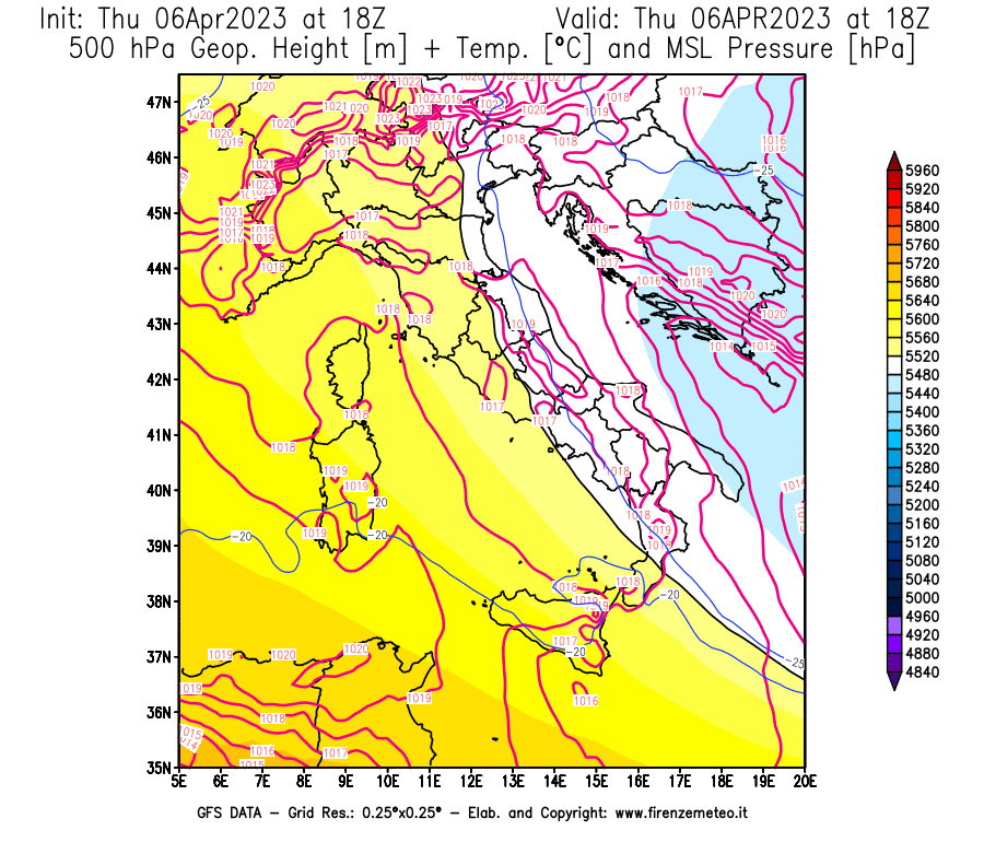 Mappa di analisi GFS - Geopotenziale [m] + Temp. [°C] a 500 hPa + Press. a livello del mare [hPa] in Italia
							del 06/04/2023 18 <!--googleoff: index-->UTC<!--googleon: index-->