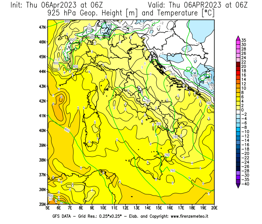 Mappa di analisi GFS - Geopotenziale [m] e Temperatura [°C] a 925 hPa in Italia
							del 06/04/2023 06 <!--googleoff: index-->UTC<!--googleon: index-->