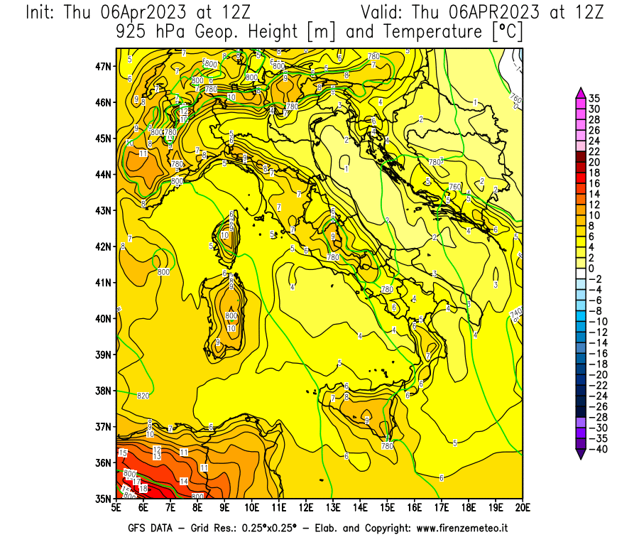 Mappa di analisi GFS - Geopotenziale [m] e Temperatura [°C] a 925 hPa in Italia
							del 06/04/2023 12 <!--googleoff: index-->UTC<!--googleon: index-->