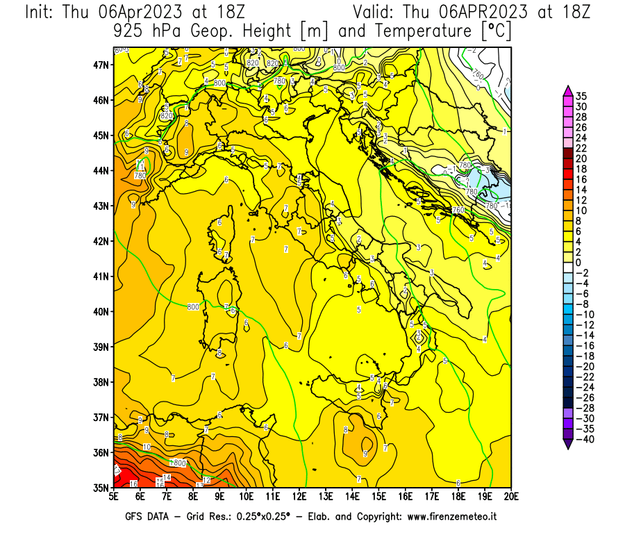 Mappa di analisi GFS - Geopotenziale [m] e Temperatura [°C] a 925 hPa in Italia
							del 06/04/2023 18 <!--googleoff: index-->UTC<!--googleon: index-->