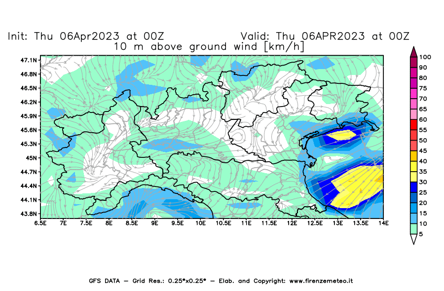 Mappa di analisi GFS - Velocità del vento a 10 metri dal suolo [km/h] in Nord-Italia
							del 06/04/2023 00 <!--googleoff: index-->UTC<!--googleon: index-->
