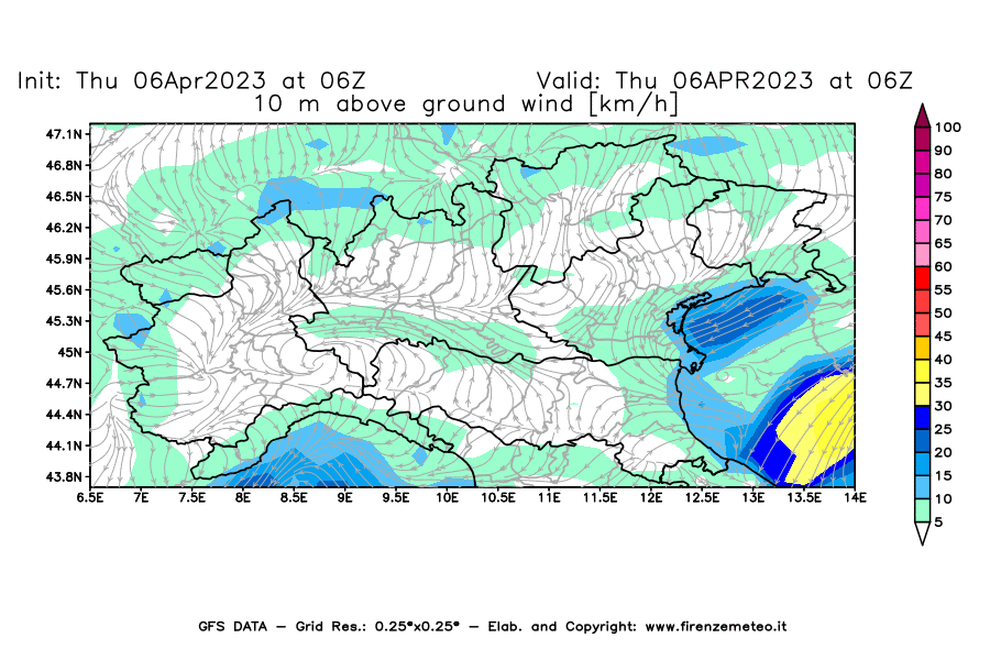 Mappa di analisi GFS - Velocità del vento a 10 metri dal suolo [km/h] in Nord-Italia
							del 06/04/2023 06 <!--googleoff: index-->UTC<!--googleon: index-->