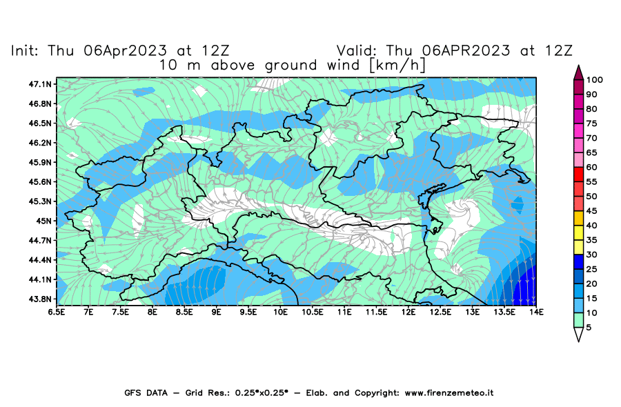 Mappa di analisi GFS - Velocità del vento a 10 metri dal suolo [km/h] in Nord-Italia
							del 06/04/2023 12 <!--googleoff: index-->UTC<!--googleon: index-->