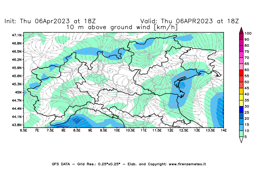 Mappa di analisi GFS - Velocità del vento a 10 metri dal suolo [km/h] in Nord-Italia
							del 06/04/2023 18 <!--googleoff: index-->UTC<!--googleon: index-->
