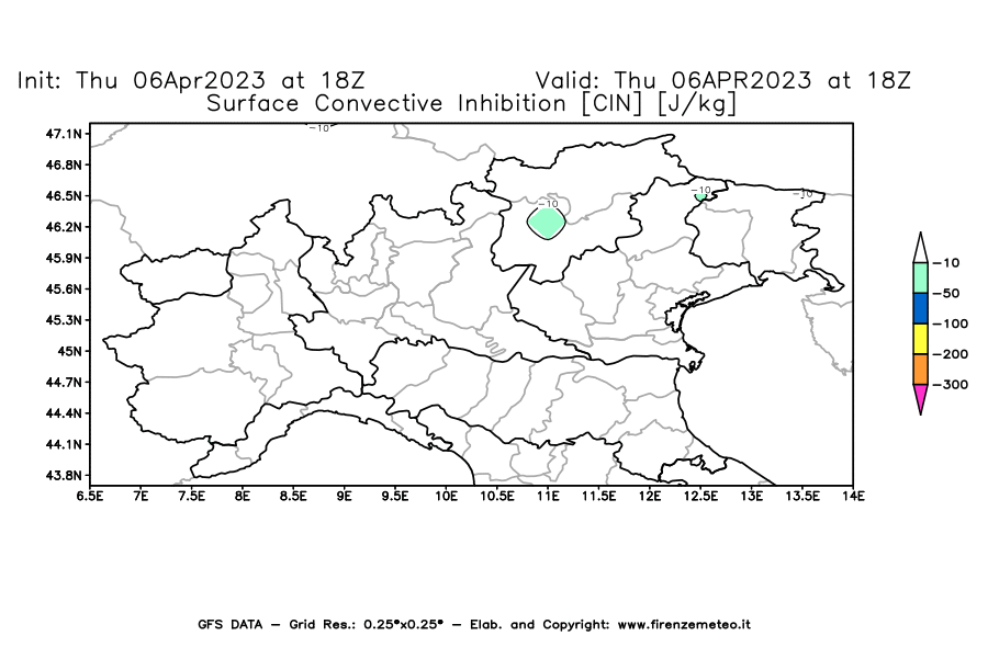 Mappa di analisi GFS - CIN [J/kg] in Nord-Italia
							del 06/04/2023 18 <!--googleoff: index-->UTC<!--googleon: index-->