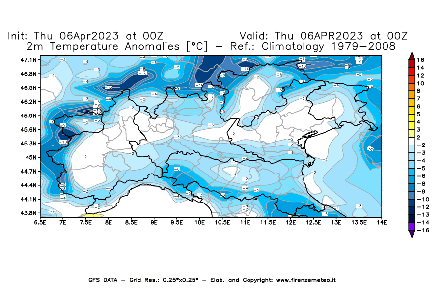 Mappa di analisi GFS - Anomalia Temperatura [°C] a 2 m in Nord-Italia
							del 06/04/2023 00 <!--googleoff: index-->UTC<!--googleon: index-->