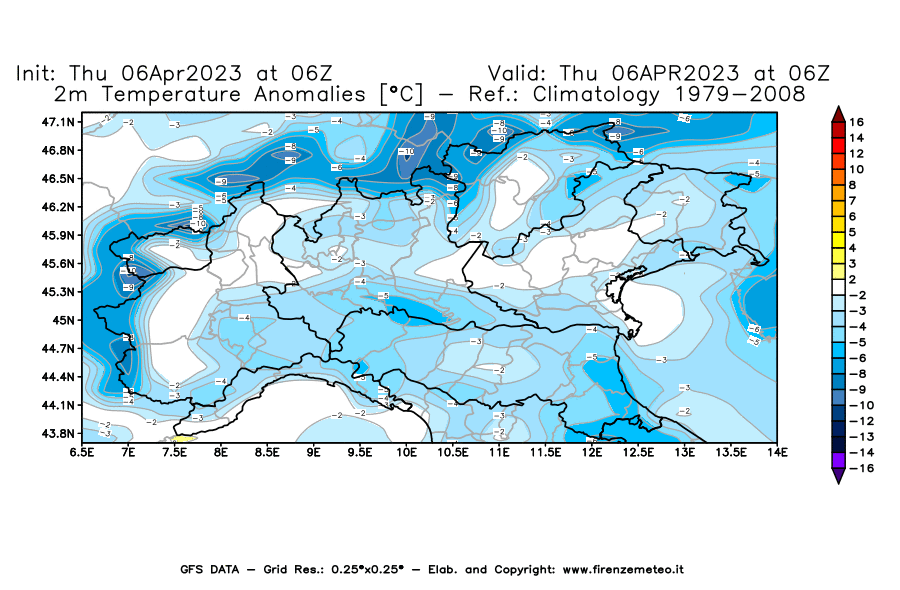 Mappa di analisi GFS - Anomalia Temperatura [°C] a 2 m in Nord-Italia
							del 06/04/2023 06 <!--googleoff: index-->UTC<!--googleon: index-->