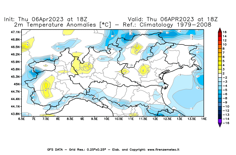 Mappa di analisi GFS - Anomalia Temperatura [°C] a 2 m in Nord-Italia
							del 06/04/2023 18 <!--googleoff: index-->UTC<!--googleon: index-->