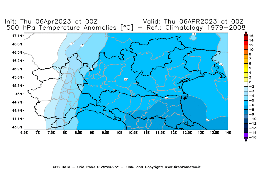Mappa di analisi GFS - Anomalia Temperatura [°C] a 500 hPa in Nord-Italia
							del 06/04/2023 00 <!--googleoff: index-->UTC<!--googleon: index-->