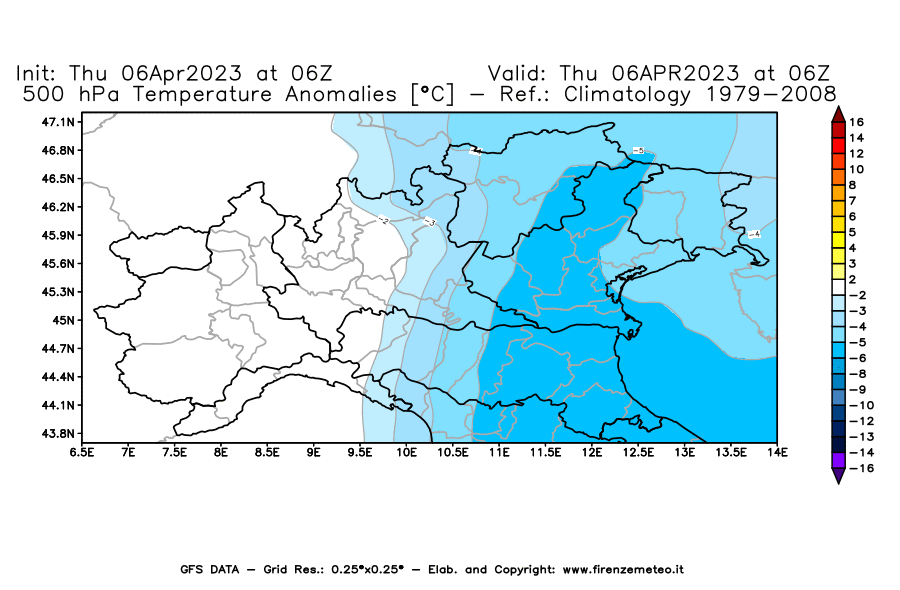 Mappa di analisi GFS - Anomalia Temperatura [°C] a 500 hPa in Nord-Italia
							del 06/04/2023 06 <!--googleoff: index-->UTC<!--googleon: index-->