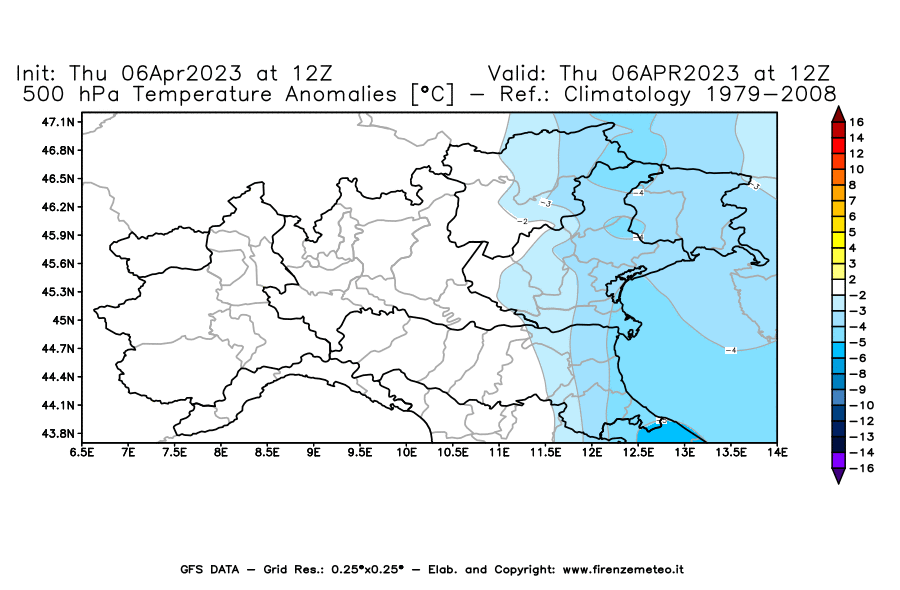 Mappa di analisi GFS - Anomalia Temperatura [°C] a 500 hPa in Nord-Italia
							del 06/04/2023 12 <!--googleoff: index-->UTC<!--googleon: index-->