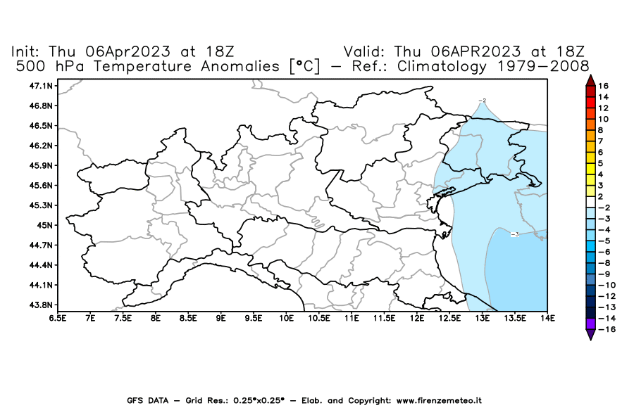Mappa di analisi GFS - Anomalia Temperatura [°C] a 500 hPa in Nord-Italia
							del 06/04/2023 18 <!--googleoff: index-->UTC<!--googleon: index-->