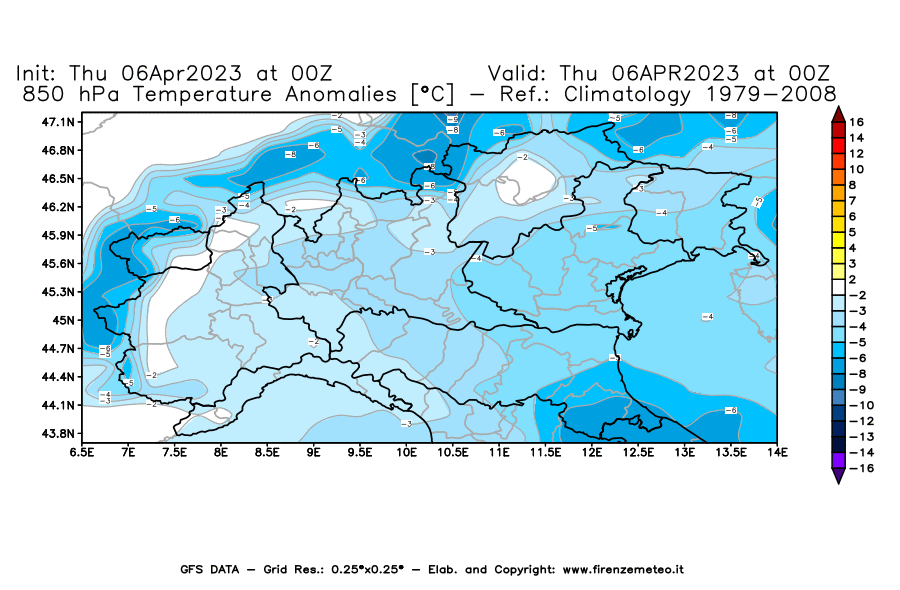 Mappa di analisi GFS - Anomalia Temperatura [°C] a 850 hPa in Nord-Italia
							del 06/04/2023 00 <!--googleoff: index-->UTC<!--googleon: index-->