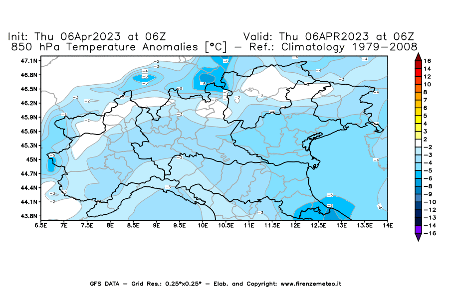Mappa di analisi GFS - Anomalia Temperatura [°C] a 850 hPa in Nord-Italia
							del 06/04/2023 06 <!--googleoff: index-->UTC<!--googleon: index-->