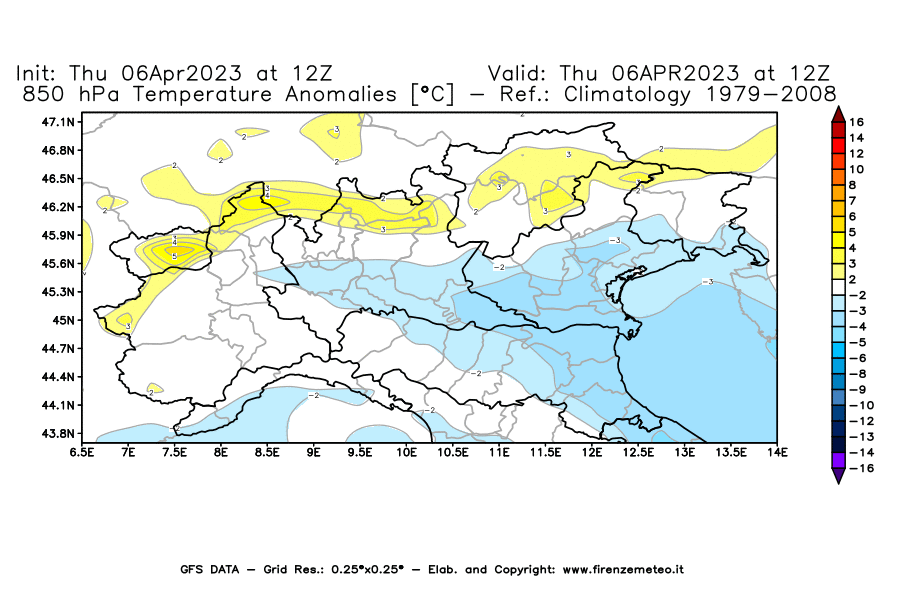Mappa di analisi GFS - Anomalia Temperatura [°C] a 850 hPa in Nord-Italia
							del 06/04/2023 12 <!--googleoff: index-->UTC<!--googleon: index-->