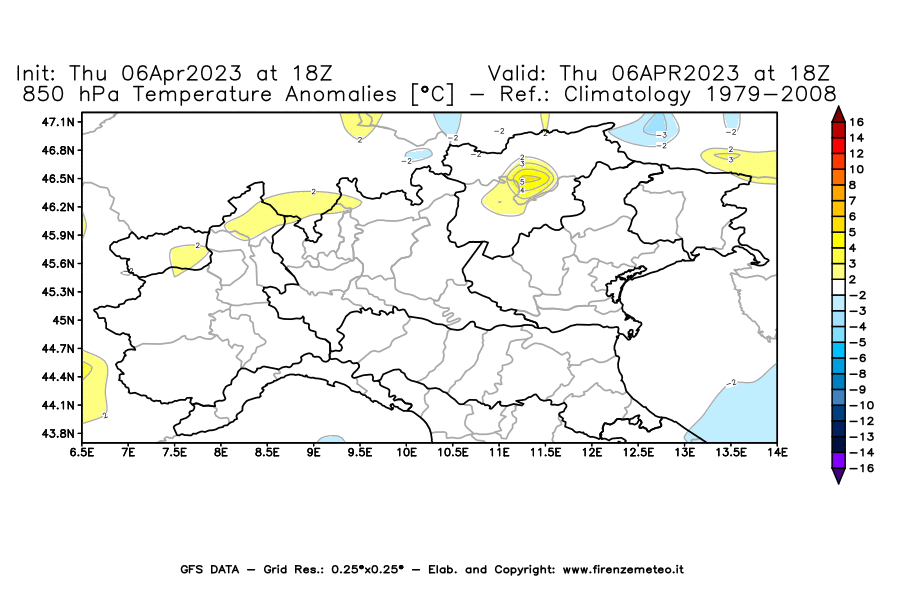 Mappa di analisi GFS - Anomalia Temperatura [°C] a 850 hPa in Nord-Italia
							del 06/04/2023 18 <!--googleoff: index-->UTC<!--googleon: index-->