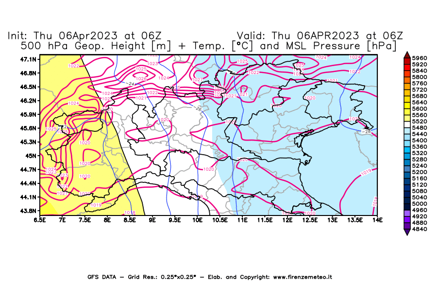 Mappa di analisi GFS - Geopotenziale [m] + Temp. [°C] a 500 hPa + Press. a livello del mare [hPa] in Nord-Italia
							del 06/04/2023 06 <!--googleoff: index-->UTC<!--googleon: index-->