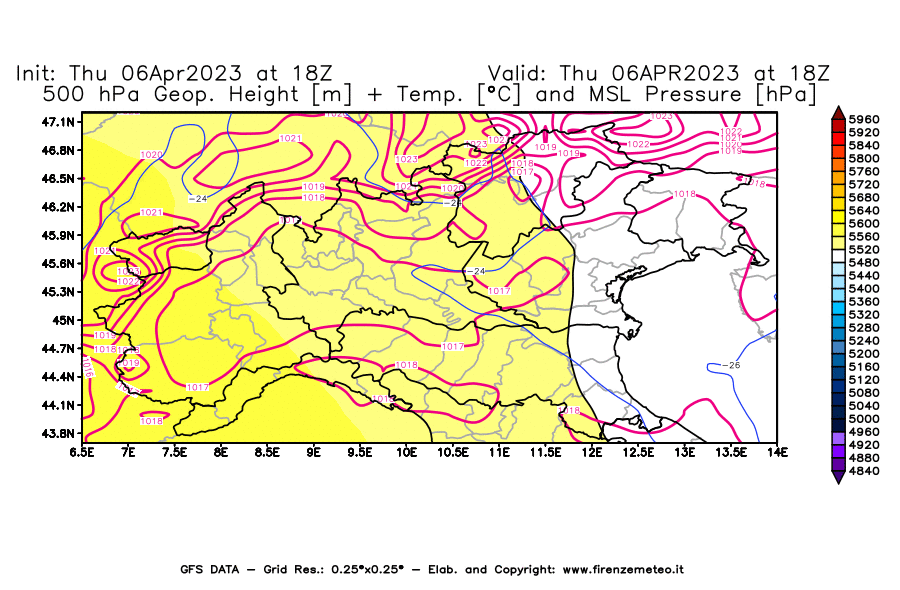 Mappa di analisi GFS - Geopotenziale [m] + Temp. [°C] a 500 hPa + Press. a livello del mare [hPa] in Nord-Italia
							del 06/04/2023 18 <!--googleoff: index-->UTC<!--googleon: index-->