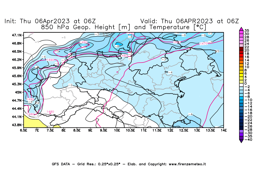 Mappa di analisi GFS - Geopotenziale [m] e Temperatura [°C] a 850 hPa in Nord-Italia
							del 06/04/2023 06 <!--googleoff: index-->UTC<!--googleon: index-->