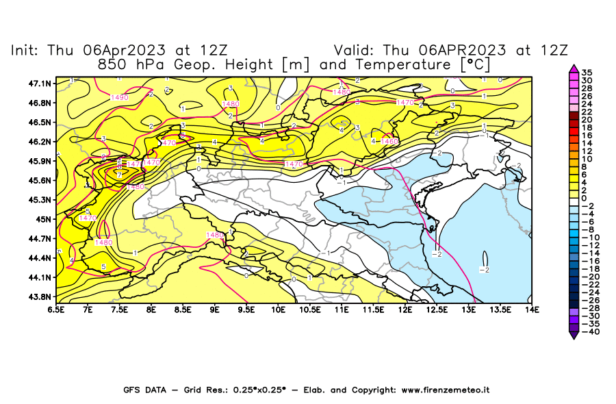 Mappa di analisi GFS - Geopotenziale [m] e Temperatura [°C] a 850 hPa in Nord-Italia
							del 06/04/2023 12 <!--googleoff: index-->UTC<!--googleon: index-->