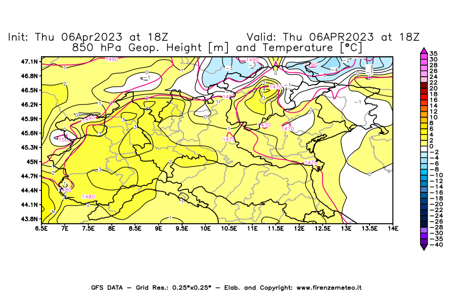 Mappa di analisi GFS - Geopotenziale [m] e Temperatura [°C] a 850 hPa in Nord-Italia
							del 06/04/2023 18 <!--googleoff: index-->UTC<!--googleon: index-->