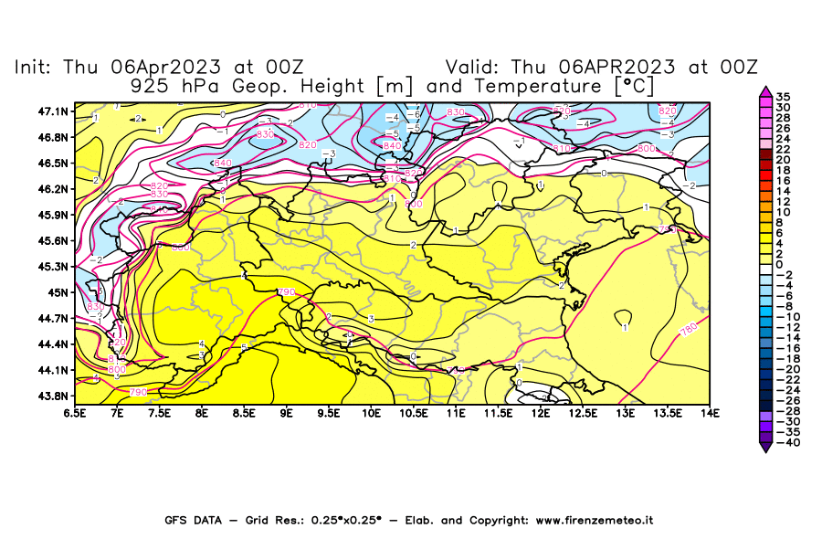Mappa di analisi GFS - Geopotenziale [m] e Temperatura [°C] a 925 hPa in Nord-Italia
							del 06/04/2023 00 <!--googleoff: index-->UTC<!--googleon: index-->