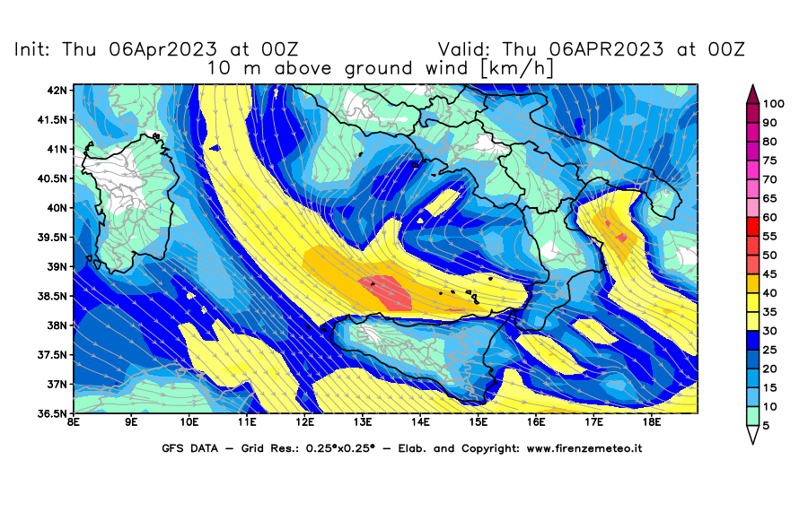 Mappa di analisi GFS - Velocità del vento a 10 metri dal suolo [km/h] in Sud-Italia
							del 06/04/2023 00 <!--googleoff: index-->UTC<!--googleon: index-->